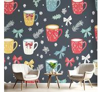 Carta Da Parati Tema Natalizio 350×256Cm Carta Da Parati In Tessuto Di Seta Tazza Da Caffè, Foglie Agrifoglio Decorazione Soggiorno Camera De Letto Sala Ufficio Grigio