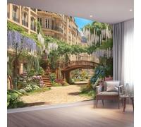 Carta da Parati Tessuto Non Tessuto Colorato - Style pastoral Architecture Ville Fleurs Stampata - Facile da Applicare - Decorazione da Parete per Soggiorno Camera da Letto Ufficio - 350 x 256 cm