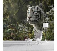 Carta da parati Tigre Bianca, 150x105cm Fotomurali in Seta Foresta Fantastica Decorazione da Muro XXL Poster Gigante Design per Ufficio TV Sfondo, Verde Scuro