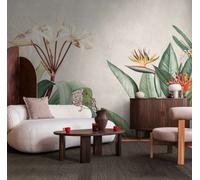 Carta Da Parati Tropicale Con Fiori E Foglie Rigogliose - Crema