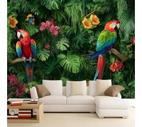 Carta Da Parati Tropicale Pappagallo Giungla Verde Rosso 350 X 256 Cm(Wxh) Wallpaper Carta Da Parati Murale 3D,Fotomurali Moderni Per Soggiorno E Camera Da Letto,Decorazione Murale Con 3D