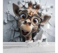 Carta Da Parati Una Giraffa Che Sfonda Il Muro, Soggiorno Muralo Animale Dei Cartoni Animati 3D, Arte Murale Moderna Marrone per Camera Dei Bambini 400x280cm