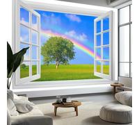 Carta da parati Vista Dalla Finestra Prato Arcobaleno Fotomurali Murale alla moda Decorazione da Muro Poster 250x175 cm Gigante Design Carta per pareti Ornamento, Blu-Verde