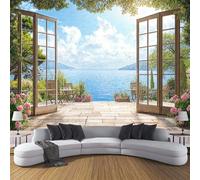 Carta da parati Vista Mare Fuori Dalla Finestra 400×280cm Fotomurali in TNT Murale alla Fiori Piante Decorazione da Muro XXL Poster Gigante Design Carta pareti Soggiorno Blu