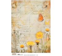 Carta di riso A4 Scraplove - decoupage per scrapbooking - Sfondo primaverile giallo 5 fiori prato farfalle