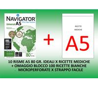 CARTA NAVIGATOR A5 21X15 IDEALE RICETTE MEDICHE 10 RISME DA 500 FG. CAD. 80 GR.