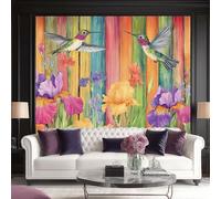 carta parati adesiva Strisce Di Legno Colorate Colibrì Iris 350 x 256 cm impermeabile Adesivi Muro Decorazione Murale Parati Poster, Per Camerette Bambini Camera da Letto Soggiorno