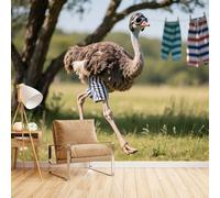 Carta Parati Camera Da Letto Struzzo Della Savana, Carta Parati 3D Animale Divertente 500X280cm Aggiorna Lo Stile Della Casa Copre Le Imperfezioni Del Muro Traspirante E Antiumidità Montaggio