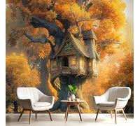 Carta Parati Casa Sull'Albero Delle Fiabe Grande Murale Decorazione Della Parete Soggiorno Carta Parati Stile Anime Fantasy Adatto Per Soggiorno, Camera Da Letto, Ufficio -Giallo Brunastro 300×210Cm