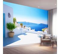 Carta Parati Murale 250 x 175 cm Poster Fotomurale Non Tessuto, per Soggiorno Camera Letto Ufficio Blu Carta da Parati Panoramica 3D Mediterraneo Paesaggio Marino Casa Bianca Decorazione da Parete