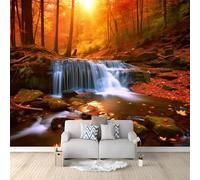 Carta Parati Murale 250 x 175 cm Poster Fotomurale Non Tessuto, per Soggiorno Camera Letto Ufficio Colore arancione Carta da Parati Panoramica 3D Autunno Foresta Rocce Cascata Decorazione da Parete
