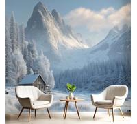 Carta Parati Murale Bianco Chalet Della Valle 450X300Cm Carta Da Parati Panoramica Scena Di Neve Naturale Effetto 3D Poster Da Parete Per Sogg Per Soggiorno,Camera Letto,Ufficio,Tv Sfondo