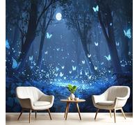 Carta Parati Murale Blu Farfalla Lucciola 150X105Cm Carta Da Parati Panoramica Foresta Magica Effetto 3D Poster Da Parete Per Sogg Per Soggiorno,Camera Letto,Ufficio,Tv Sfondo
