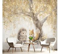 Carta Parati Murale Volpe Dei Cartoni Animati Riccio Albero Di Ginkgo Sognante 150X105Cm Poster Gigante Fotomurale Seta, Carta Da Parati Panoramica 3D Oro Per Soggiorno Camera Letto Ufficio Tv Sfondo