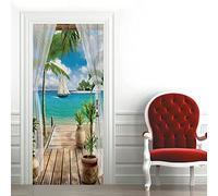 Carta Parati Porta Barca a vela vista mare Fotomurali Autoadesivi Per Porte In Vinile, Impermeabile Carta da Parati Soggiorno Cucina Camerette Applique Poster 80 x 210 cm