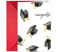 Carta per la celebrazione della laurea - 'Congratulazioni!' con cappelli da laurea e coriandoli - ideale per il giorno della laurea - un regalo meraviglioso per laureati, studenti o persone care - big