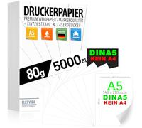 Carta per stampante 80g bianca, DIN A5-5000 fogli - 14,8 x 21cm, CARTA PREMIUM Bianco puro, Carta per fotocopie, stampanti laser e a getto d'inchiostro università, fotografia, presentazioni, Office
