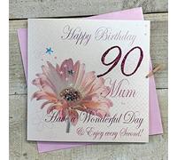 Carte di Cotone Bianco wba90-mum Gerbera Rosa, Buon 90 ° Compleanno Mamma Hanno Un Giorno Meraviglioso 90 ° Compleanno a Mano Il Testo Inglese, Bianco
