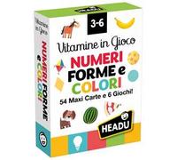 HEADU - Carte Vitamine in Gioco Numeri, Forme e Colori - 54 Maxi Cards e 6 Giochi | Carte Illustrate per Imparare a Contare, Confrontare e Classificare, Gioco Educativo Bambini 3-6 Anni, Idea Regalo