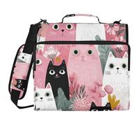 Cartella a 3 anelli con cerniera e cinghia, facile da trasportare, portatile, per scuola/ufficio, 3,8 cm, motivo gatto paradiso, colore rosa