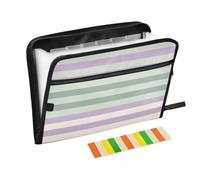 Cartella a righe in tinta unita verde viola morbida con chiusura a 13 tasche formato A4 con chiusura a cerniera per espandere la cartella di file con etichette