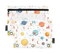 Cartella con 3 anelli, con cerniera, motivo pianeti esterni, colore bianco, 2 pezzi, per trucchi, casa, viaggi, biglietti