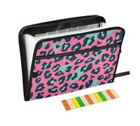 Cartella con stampa leopardata rosa e verde con tasche, 13 tasche, formato A4, con chiusura a cerniera per espandere la cartella di file sospesa