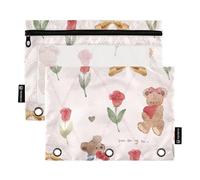 Cartella dei cartoni animati a forma di orso marrone e rosa pesca con cerniera finestra trasparente, custodia di grande capacità, 3 anelli per riporre la scuola, studenti, forniture