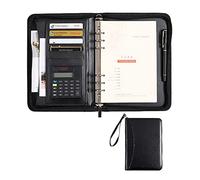 Cartella for conferenze, cartella portadocumenti in pelle Padfolio A5, professionale multifunzionale con cerniera, organizer for curriculum blocco for appunti e calcolatrice(Black)