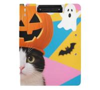 Cartella per appunti con gatto nero e zucche, formato A4, con padfolio, doppia clip in metallo, portapenne, supporto per infermieristica, con coperchio