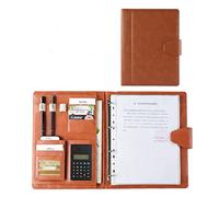 Cartella per conferenze A4, Raccoglitore a 4 anelli Raccoglitore for curriculum in pelle Organizzatore aziendale professionale for lettera A4/Blocco note regalo for uomo(Brown,8digit calculator)