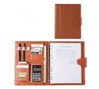 Cartella per conferenze A4, Raccoglitore a 4 anelli Raccoglitore for curriculum in pelle Organizzatore aziendale professionale for lettera A4/Blocco note regalo for uomo(Brown,12digit calculator)