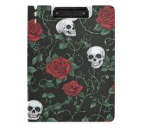 Cartella portablocco con spazio per San Valentino, romantico teschio con rose rosse, formato A4, con doppia clip in metallo, portapenne, scuola, con coperchio