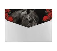 Cartella portadocumenti espandibile con 6 tasche, motivo cavallo nero su sfondo di rose rosse, formato A4, organizer per documenti portatile per ricevute, banconote, forniture per ufficio