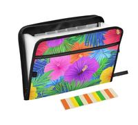 Cartella portadocumenti in stile hawaiano, con fiori tropicali, foglie di palma, colori fluo, con tasche, 13 tasche, formato A4, con chiusura a cerniera, per la scuola