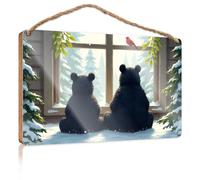 Cartelli d'amore per la decorazione della casa parete due orsi che guardano la foresta invernale attraverso la finestra, cartello in legno decorazioni autunnali all'aperto, segno di benvenuto (15 x 28