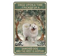 Cartelli in metallo C'era una volta un cane samoiedo e il resto è storia, cartello vintage in latta di alluminio per casa, ufficio, cucina, bar, caffetteria, giardino, decorazione da parete, 8x12 pol
