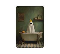 Cartelli in metallo con anatra di gomma gialla su testa di fantasma, divertenti decorazioni da parete per bar, pub, club, caffetteria, fattoria, bianco, 30 x 20 cm