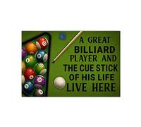 Cartelli in metallo retrò Nine Ball, poster "Un grande giocatore di biliardo e la stecca della sua vita vivono qui", targhe decorative tipografiche per la casa, decorazioni da parete per la sala da