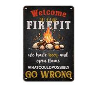 Cartelli in metallo vintage da campeggio, decorazioni divertenti per patio, regali per camper, accessori per interni ed esterni e bracieri. Benvenuti nel nostro braciere. Cosa potrebbe andare storto?