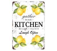 Cartelli rustici in latta "Riunitevi nella nostra cucina, sedetevi, parlate a lungo, ridete spesso", poster vintage con pittura, decorazione a limone, cartello in metallo per casa, negozio, pub, bar,