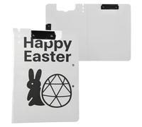 Cartellina portablocco pieghevole con scritta "Happy Easter Rabbit Egg", in bianco e nero, formato A4, con doppia clip, portapenne, con copertina rigida