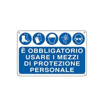 CARTELLO ALLUMINIO 30x20cm 'E' OBBLIGATORIO USARE I MEZZI DI PROTEZ. INDIVID.' CARTELLI SEGNALATORI