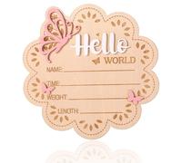 Cartello Annuncio Bimbo Legno, Forma Fiore Hello World Insegna Benvenuto Neonato con Supporto Farfalla, Targhetta Nome & Accessorio Foto per Decorazione Camera Ospedale Baby Shower Fotografia