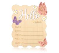 Cartello Annuncio Nascita, Cartello Hello World Rettangolare in Legno Delicato con Ornamento Fiore e Farfalla per Neonati Maschietti e Femminucce Accessori Foto Casa Decorazioni