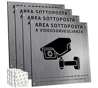 Cartello Area Videosorvegliata Alluminio Spazzolato con Avviso GDPR, 4 Pezzi Cartello Videosorveglianza, 15x15cm, Fori Preforati, Impermeabile, per Casa e Negozio, Interno ed Esterno