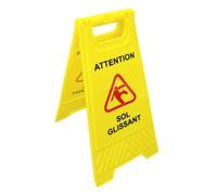 Cartello "ATTENTION SOL GLISSANT", colore: giallo, 44 x 22 cm | Segnalazione di sicurezza, plastica rigida, pieghevole, maniglia integrata, uso interno