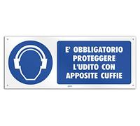 Cartello cm 30x12 - E' Obbligatorio proteggere l'udito con apposite Cuffie (PVC spessore 1 mm con 4 fori)