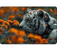 Cartello con animale, sguardo d'acciaio della tigre robotica tra i fiori, decorazioni retrò vintage, poster da parete, targhe artistiche per casa, fattoria, negozio, garage, club, bar, cucina, pub, r