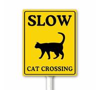 Cartello con gatto che attraversa con paletto, Slow Down for Cats Sign, Cat Crossing Signs for Road - Segnale di rallentamento - Nero in Giallo - 20 x 30 cm Cartello da cortile in metallo robusto
